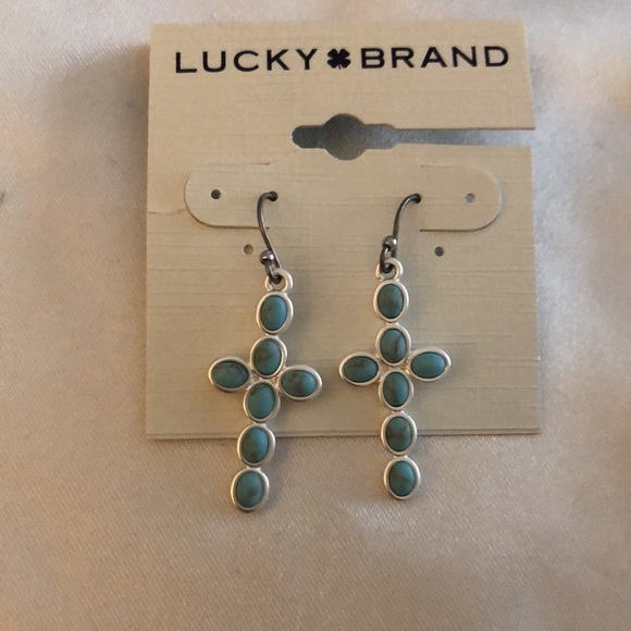 Lucky Brand Silver Tone Cross Drop Earrings Turquoise Accents NWT - Picture 2 of 10